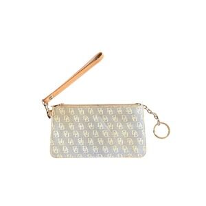 Dooney & Bourke Monogram Wristlet Clutch Tan Cream DB Logo Zip Pouch Keychain
